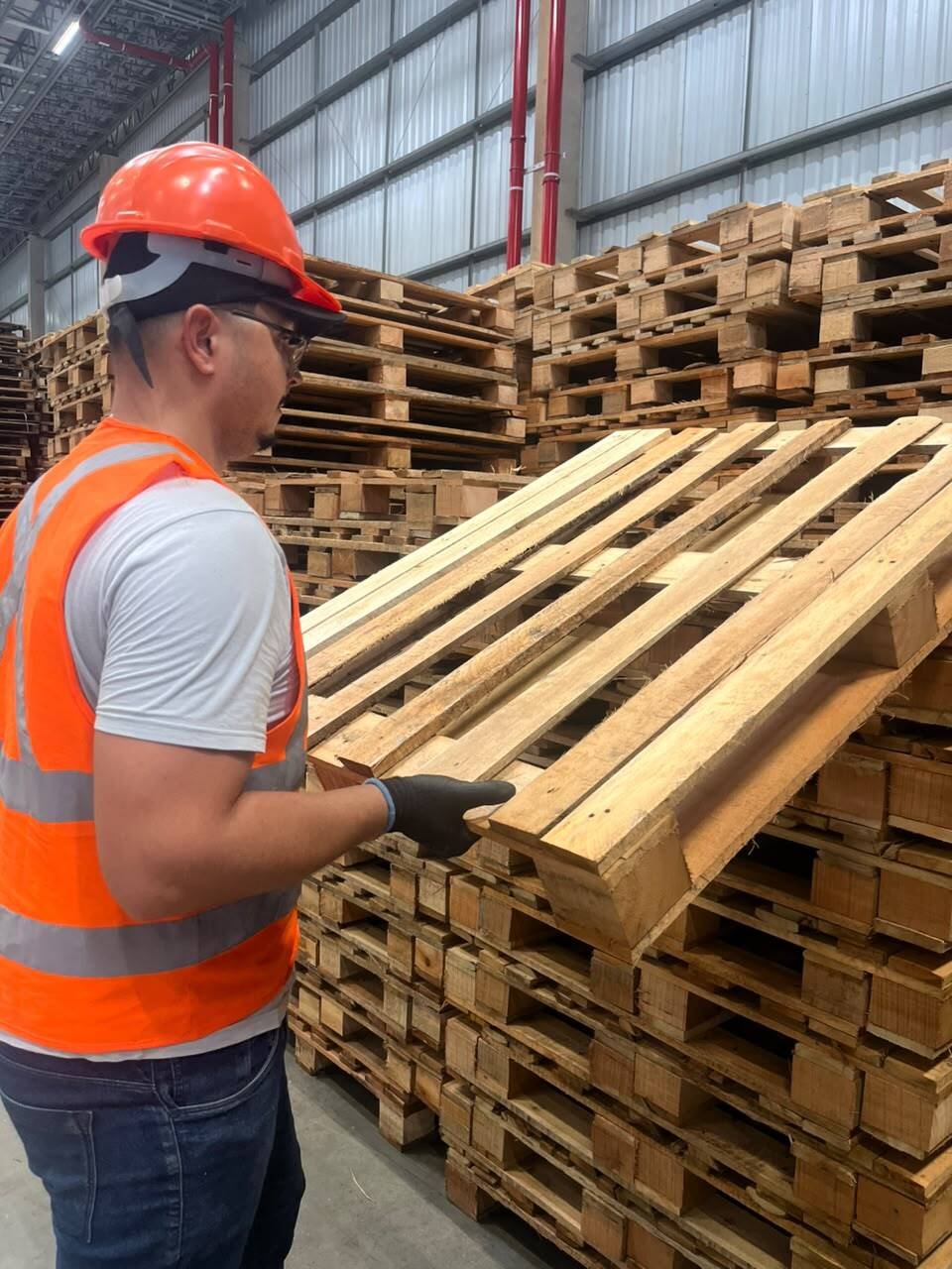 Profissional da Empilha inspecionando pallets em um armazém